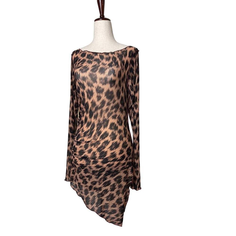 Intimately Free People Leopard Mesh Ruched Asymmetrical Mini Dress Brown Tan M